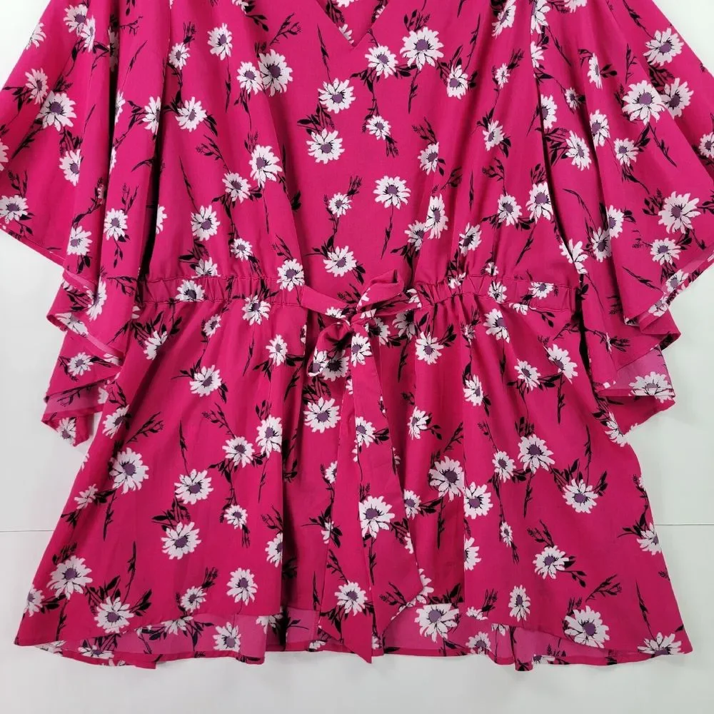 Lane Bryant Blouse Women 26/28 Pink Floral Print Bat Flared Sleeve Kimono Belted - Picture 4 of 14